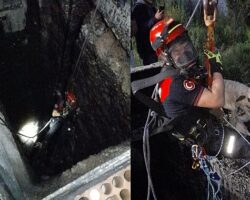 Kuyuya düşen kuzuya itfaiyeden nefes kesen kurtarma